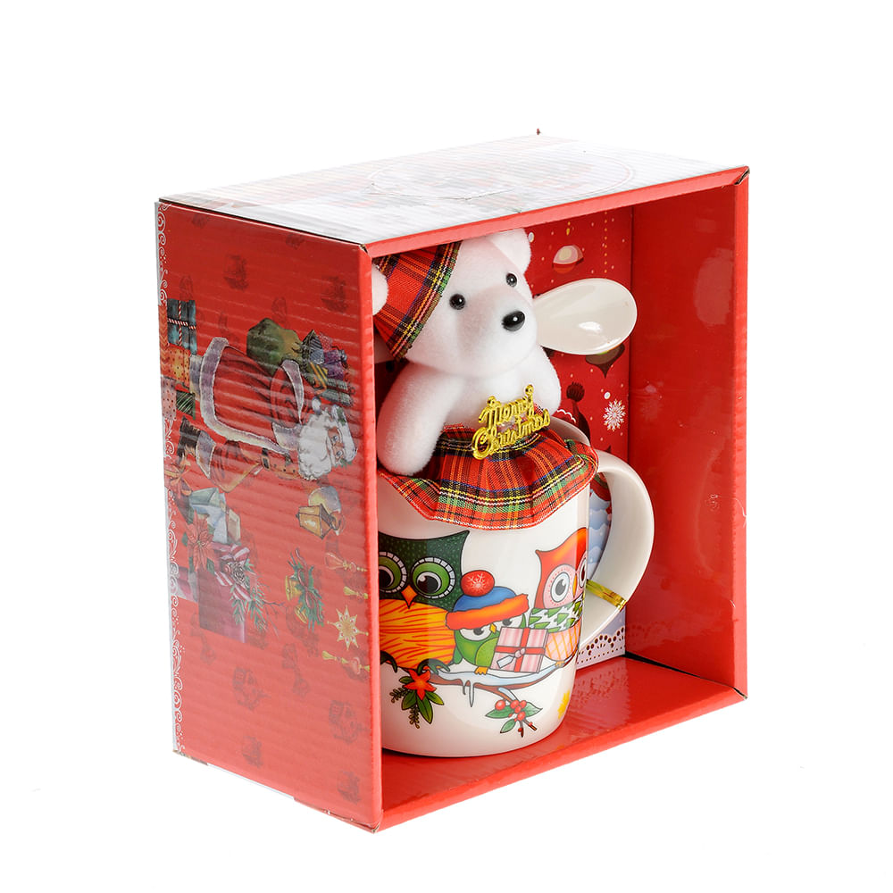 Cana de Craciun cu decor bufnite si ursulet - Imagine 2