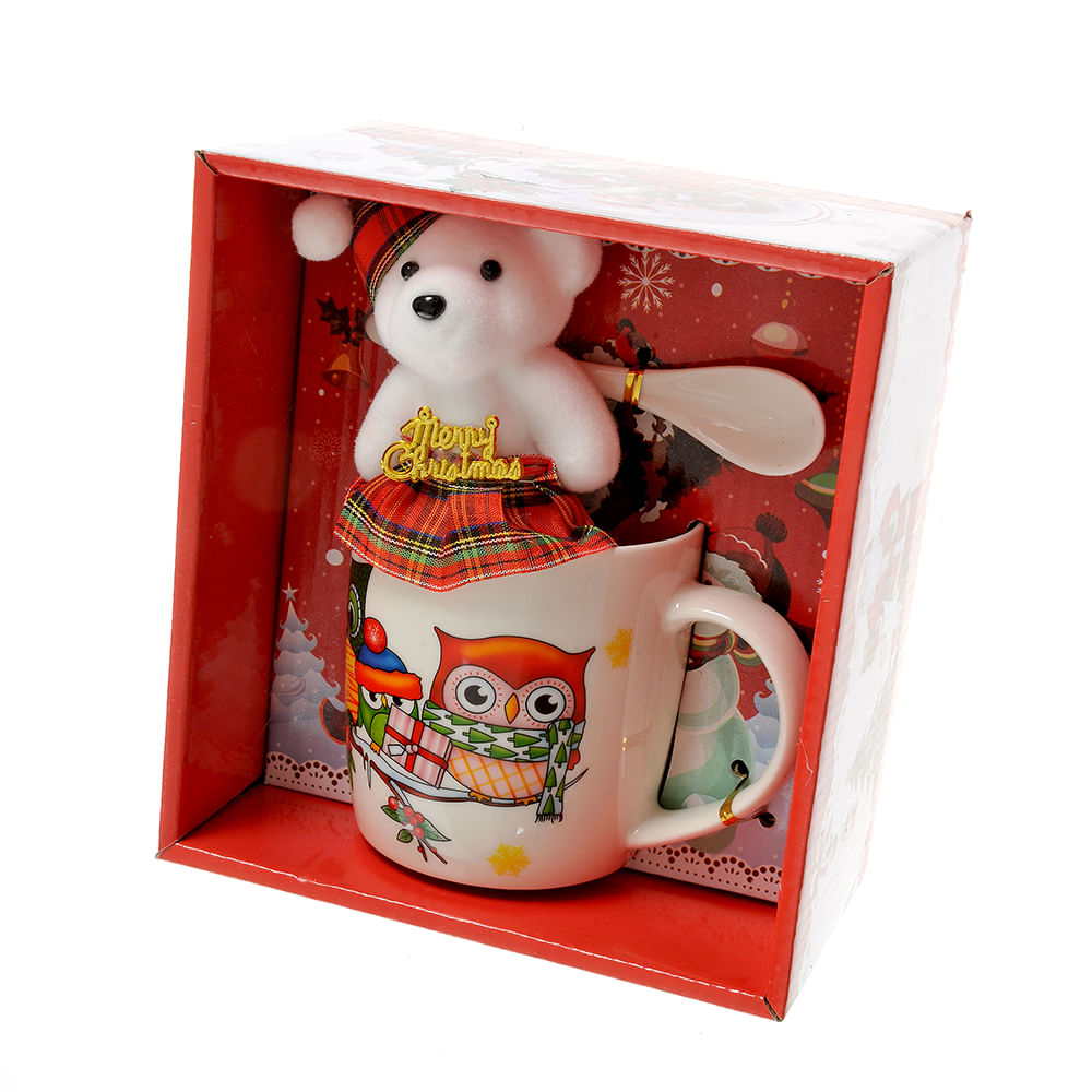 Cana de Craciun cu decor bufnite si ursulet - Imagine 3