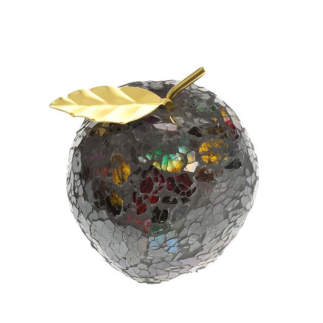 Decoratiune mar negru din sticla mozaic cu frunza aurie 10 cm