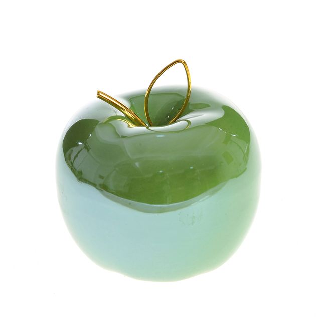 Decoratiune mar verde lucios cu frunza metalica aurie 12 cm