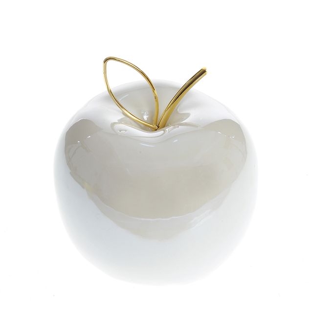 Decoratiune mar alb lucios cu frunza metalica aurie 12 cm
