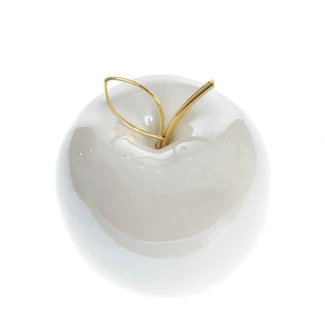 Decoratiune mar alb lucios cu frunza metalica aurie 12 cm