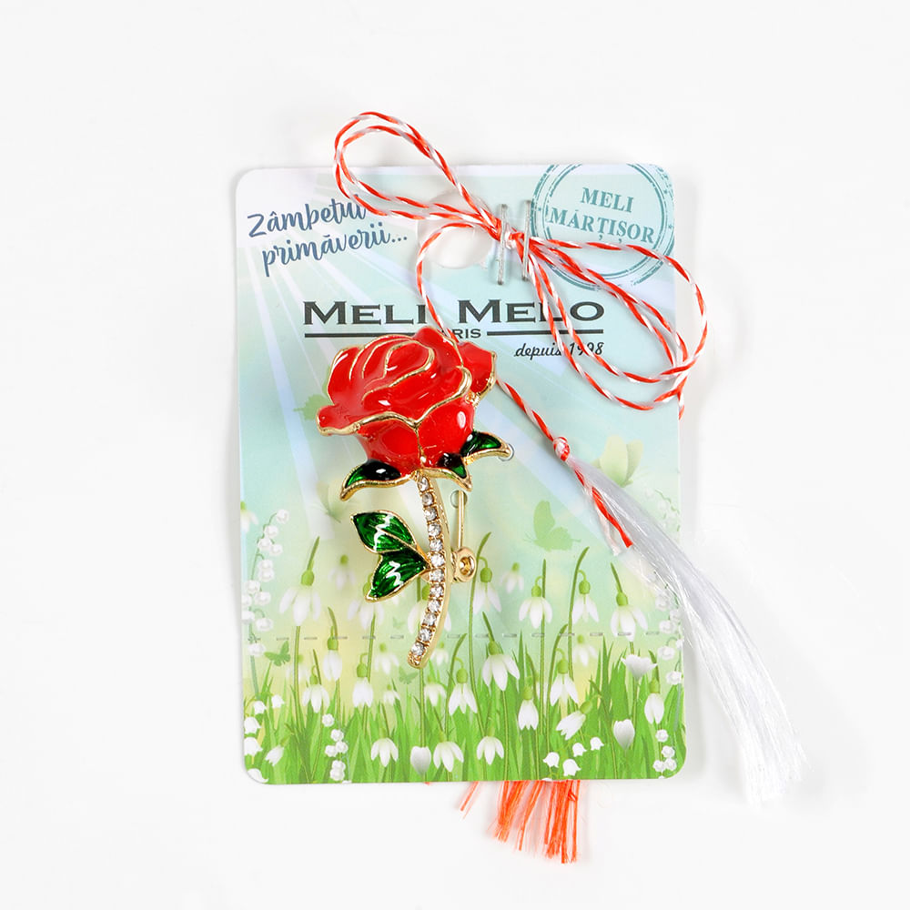 Brosa martisor trandafir rosu cu detalii aurii - 1 | YEO
