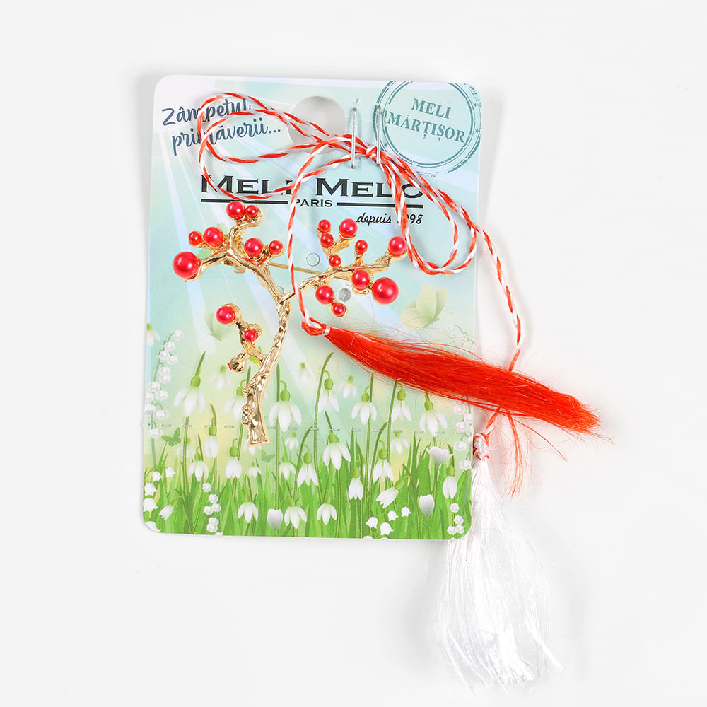 Brosa martisor ramura aurie cu pietre rosii - 1 | YEO