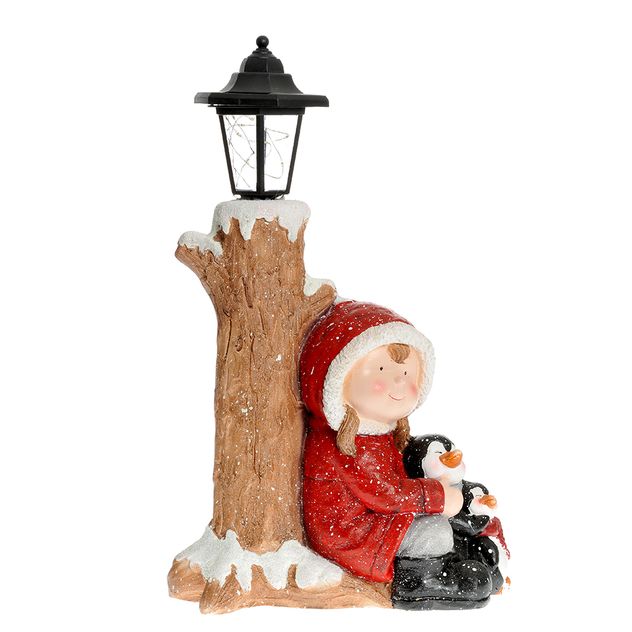 Figurina decorativa cu fetita si pinguini langa felinar 52 cm