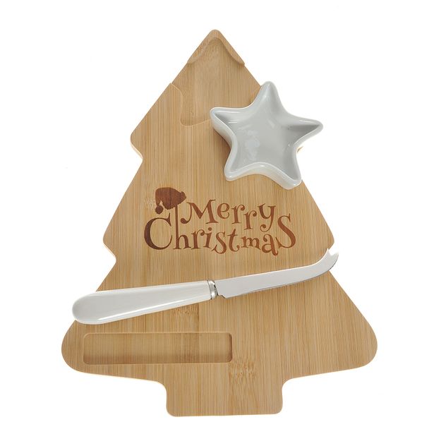 Platou servire in forma de brad cu cutit si bol ceramic