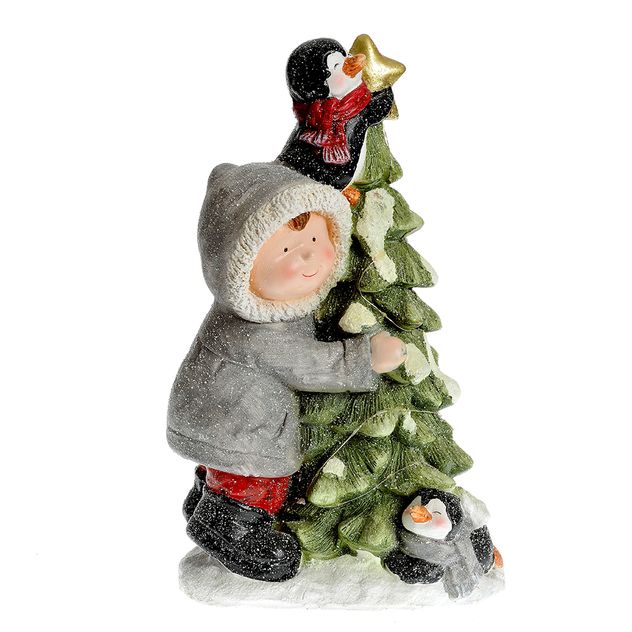 Figurina de iarna cu baietel si pinguini langa brad 48 cm