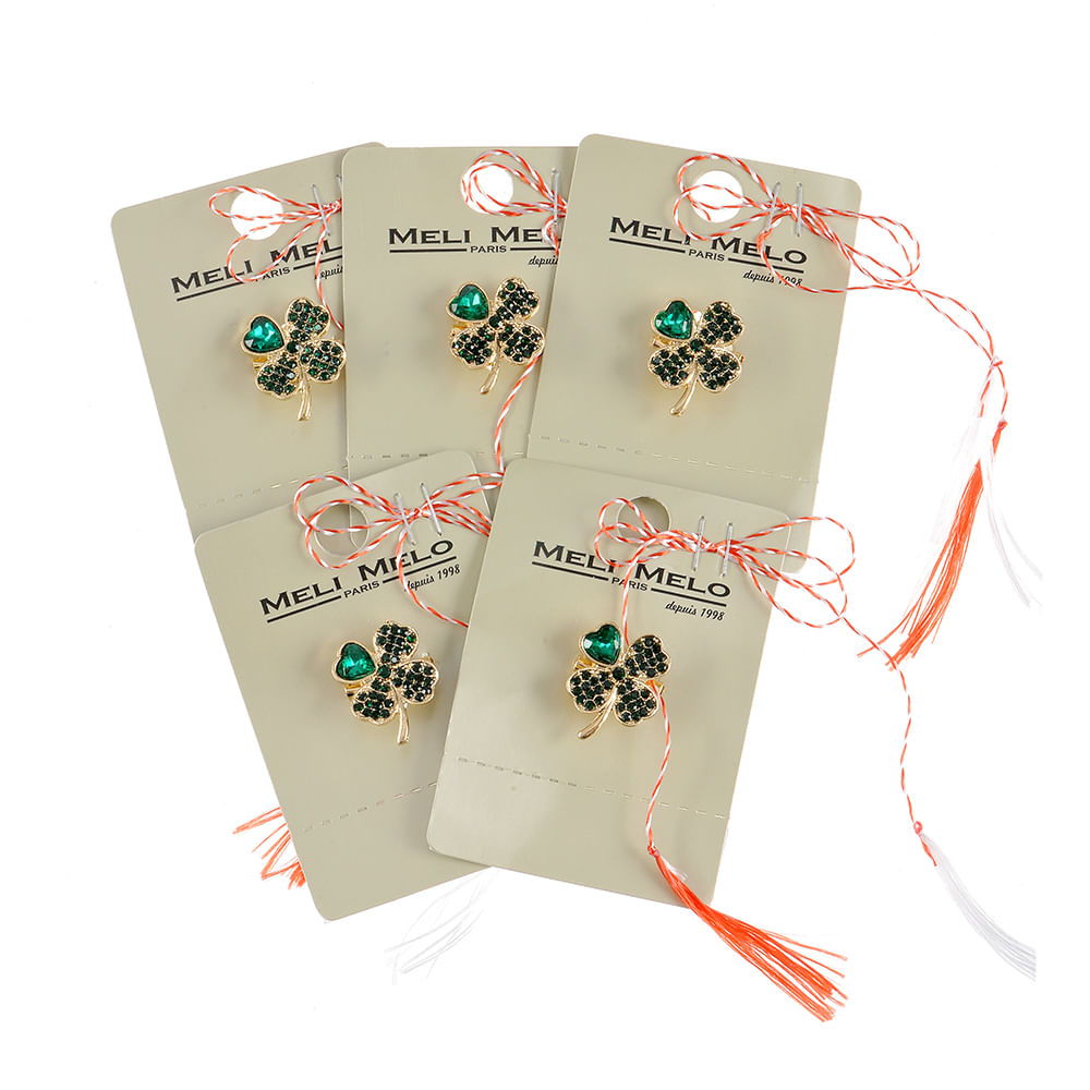 Set 5 brose martisor trifoi cu pietre verzi - 1 | YEO