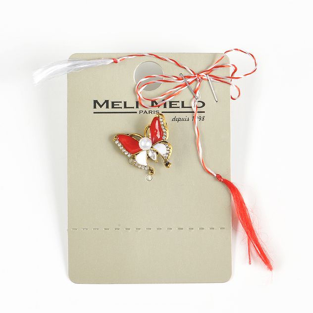 Brosa martisor fluture alb cu pietre rosii