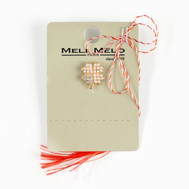 Brosa martisor trifoi auriu cu pietre albe