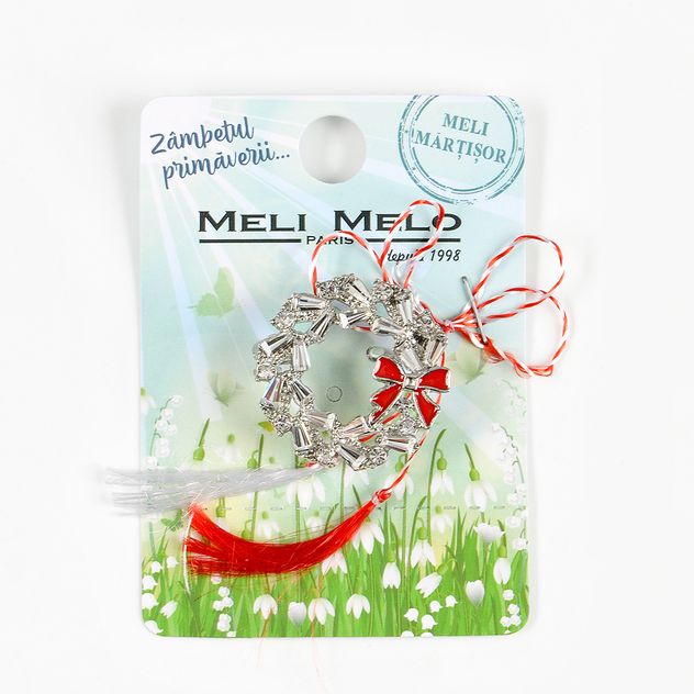 Brosa argintie martisor cu funda rosie