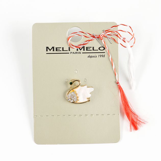 Brosa martisor lebada alba cu pietre zirconice