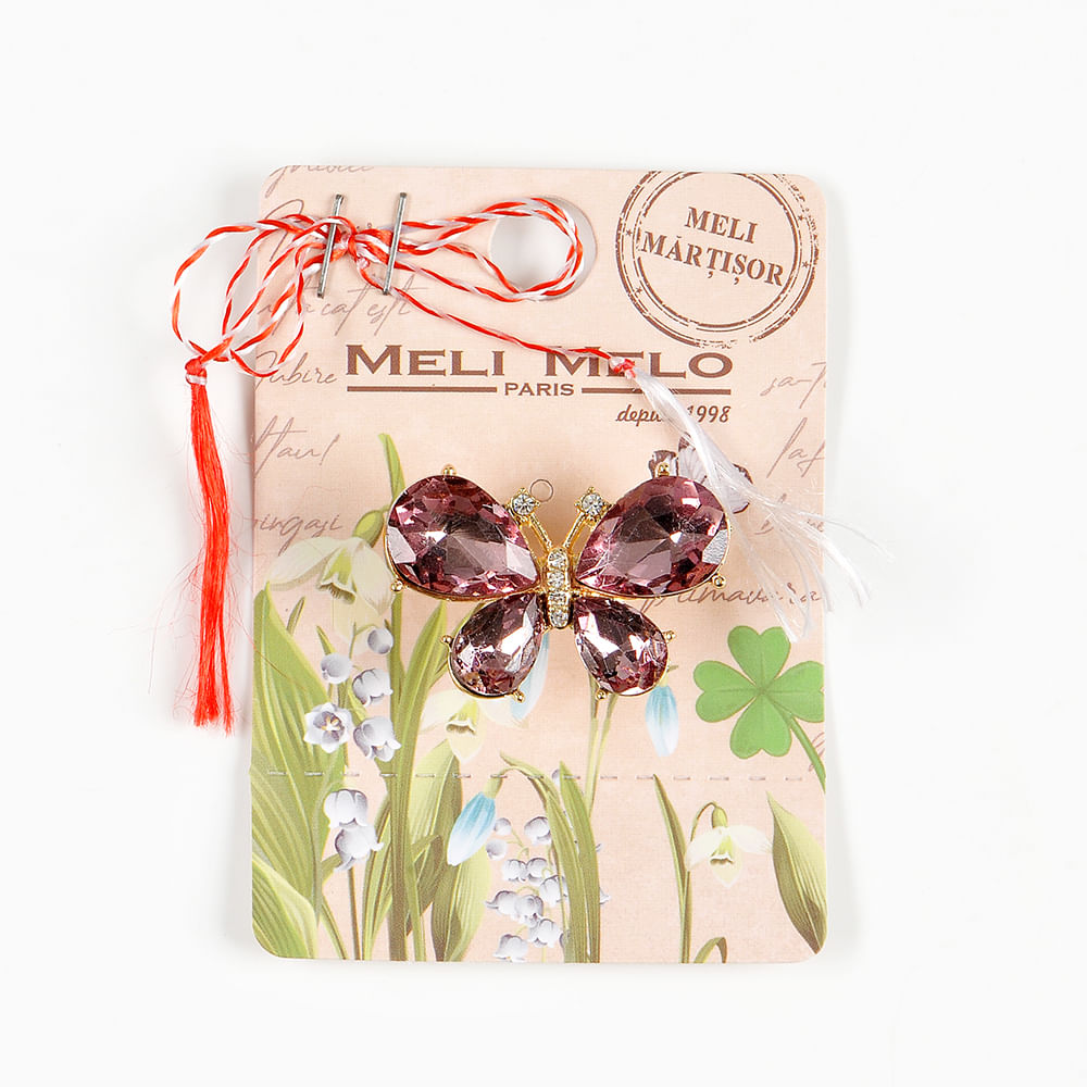 Brosa martisor fluture cu pietre acrilice roz - 1 | YEO