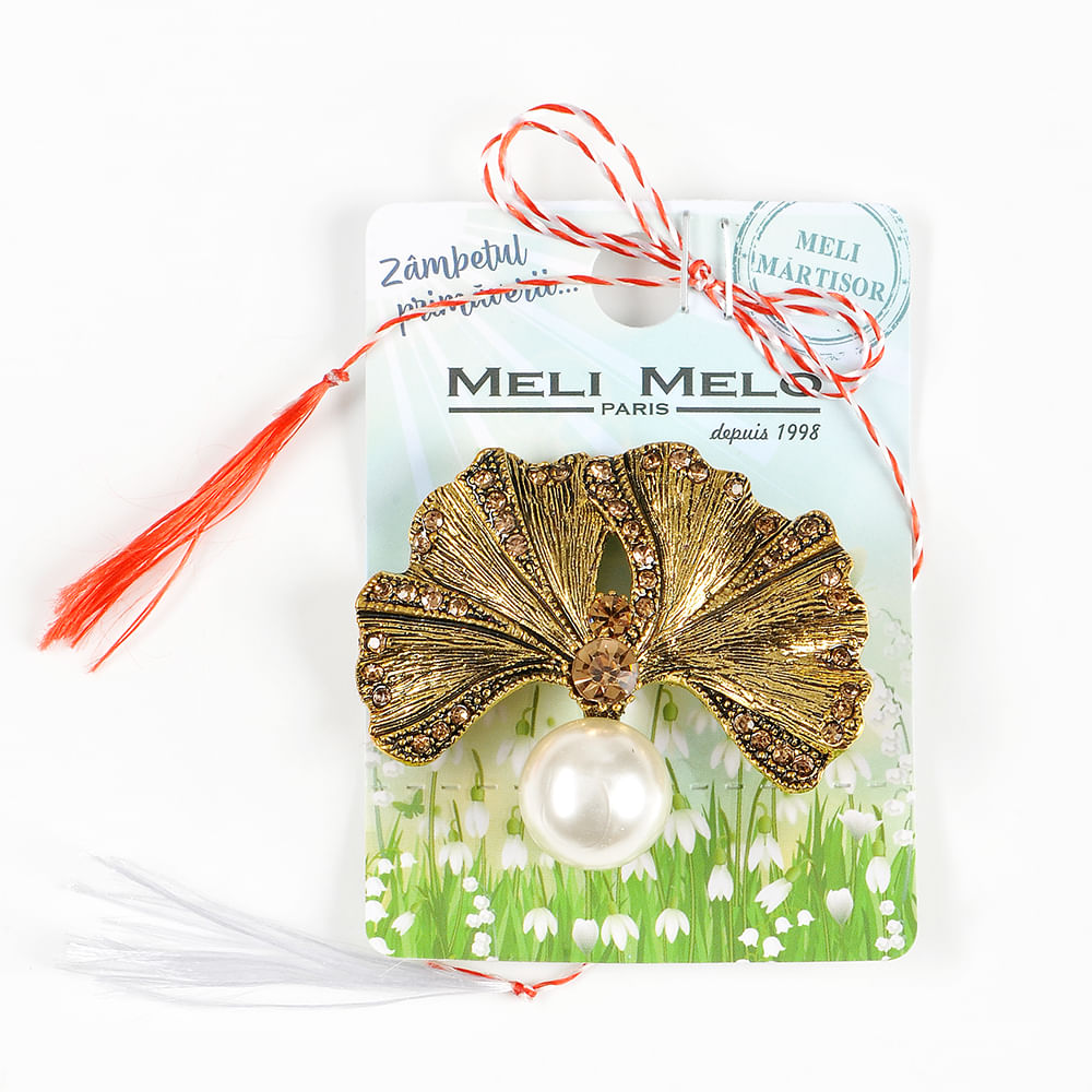 Brosa martisor eleganta auriu antichizat cu perla - 1 | YEO
