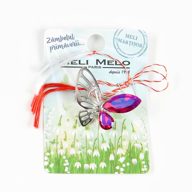 Brosa martisor fluture cu aripi argintii si fucsia