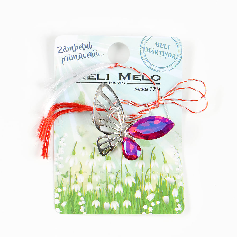 Brosa martisor fluture cu aripi argintii si fucsia - 1 | YEO