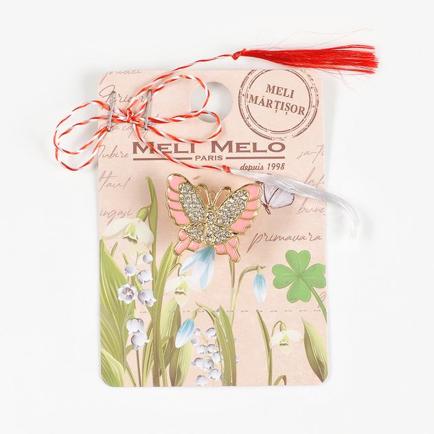 Brosa martisor fluture auriu cu aripi roz