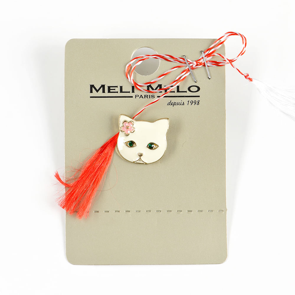 Brosa martisor pisica alba cu floare roz - 1 | YEO