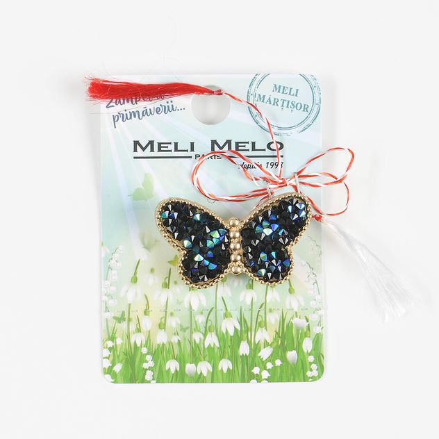Brosa martisor cu pietre albastre fluture auriu