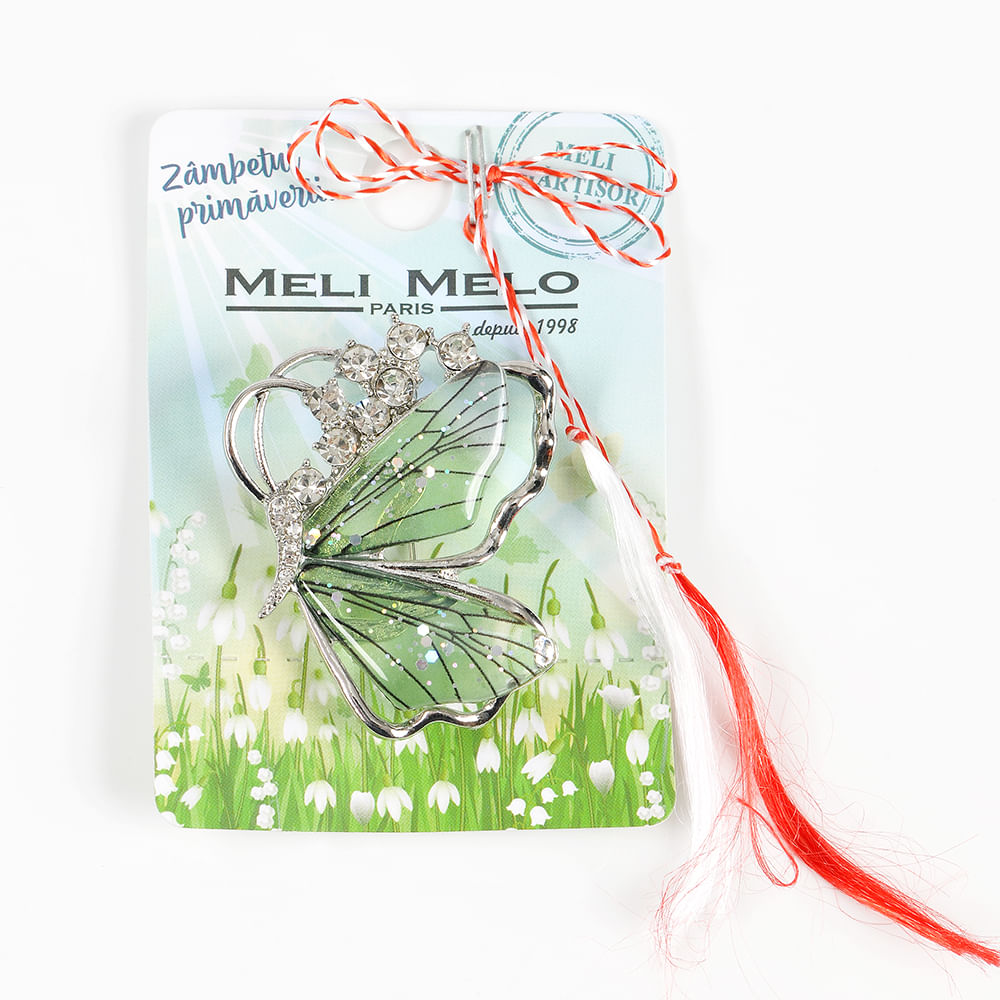 Brosa martisor fluture argintiu cu aripi verzi - 1 | YEO