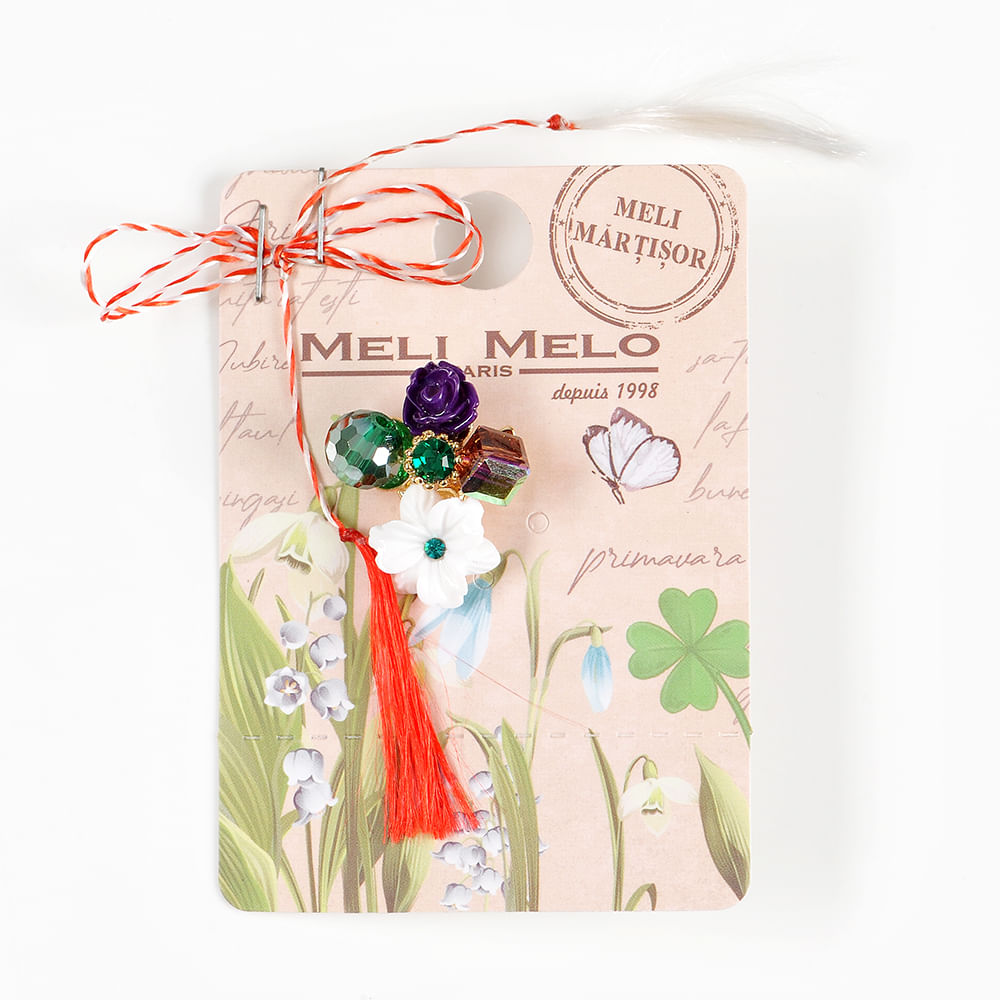 Brosa martisor floare alba cu pietre multicolore - 1 | YEO