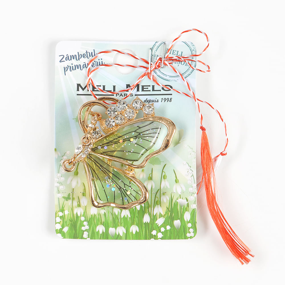 Brosa martisor fluture auriu cu pietre zirconice si aripi verzi - 1 | YEO