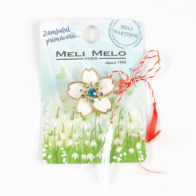 Brosa martisor floare alba cu pietre bleu