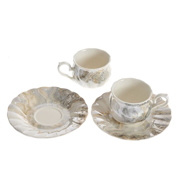 Set 2 cesti cu design marmorat si farfurii asortate