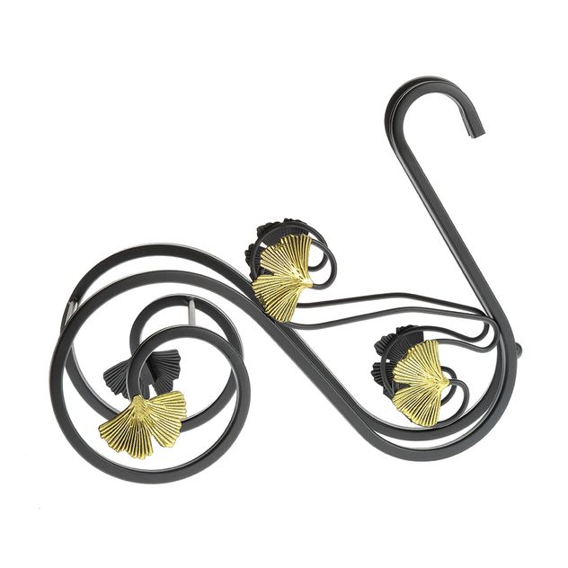 Suport sticle vin din metal negru cu decor frunze aurii