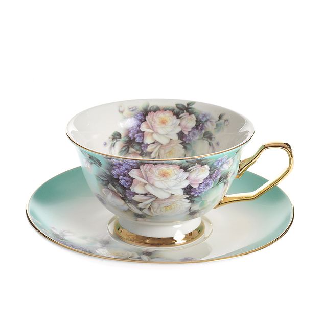 Ceasca cu farfurie din portelan fin, decor floral si accente aurii 220 ml