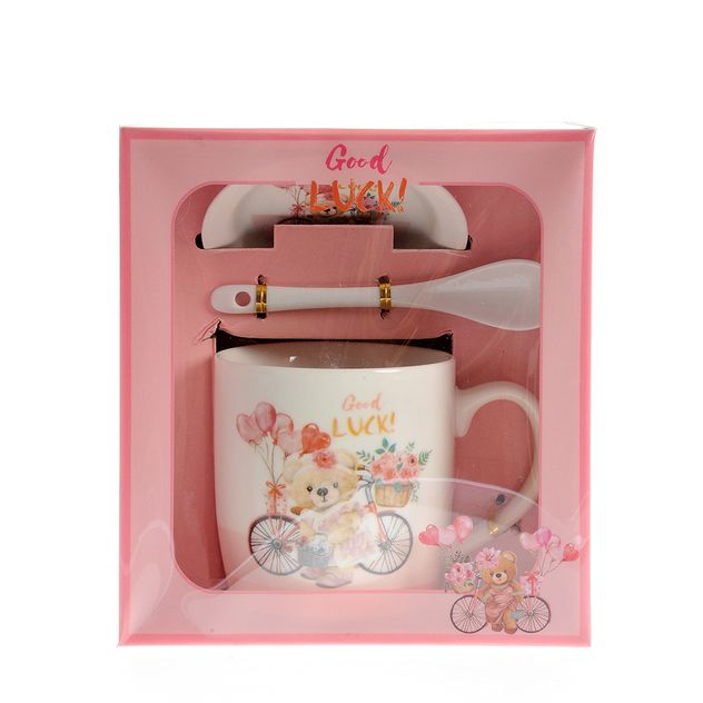 Set cana, farfurioara si lingurita cu decor ursulet si flori