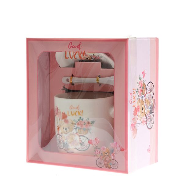 Set cana, farfurioara si lingurita cu decor ursulet si flori
