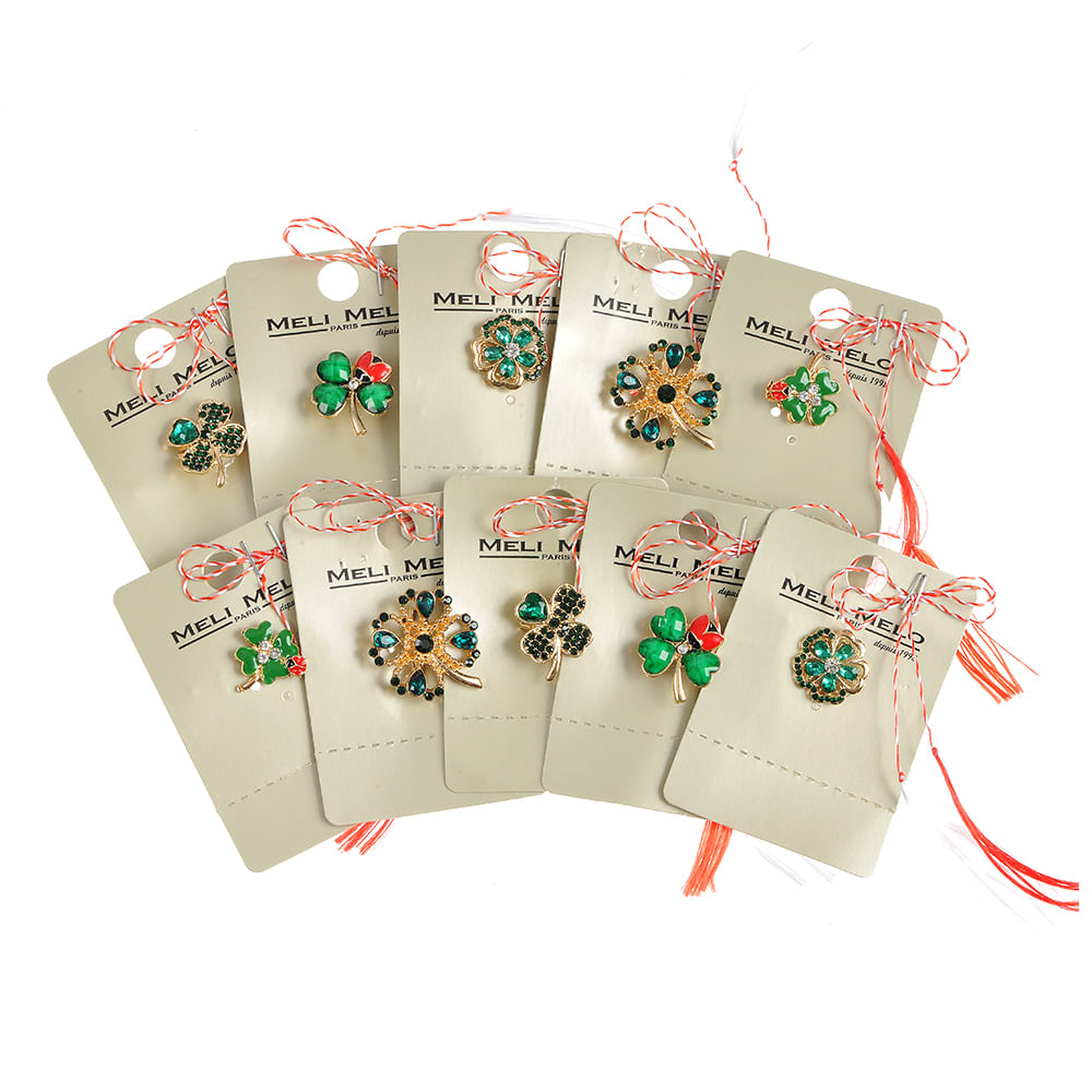 Set 10 brose martisor trifoi cu pietre verzi - 1 | YEO