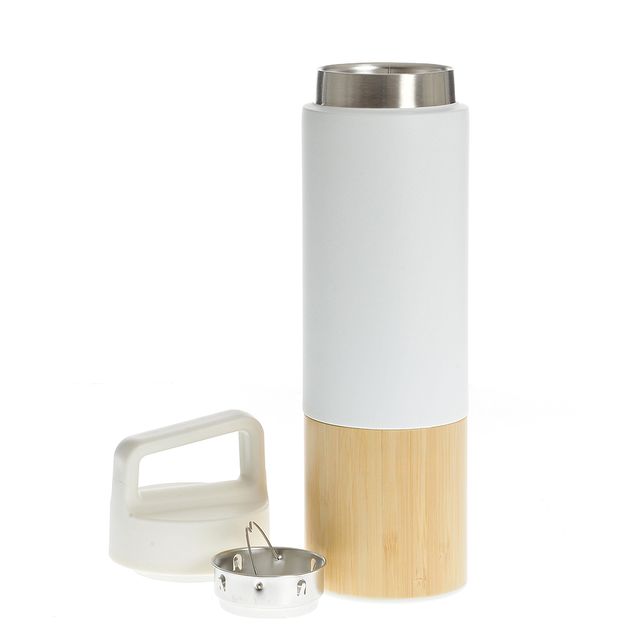 Termos alb cu baza din bambus si capac cu maner 600 ml