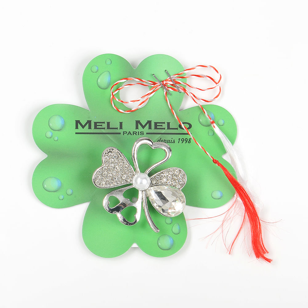 Brosa martisor trifoi argintiu cu pietre albe - 1 | YEO