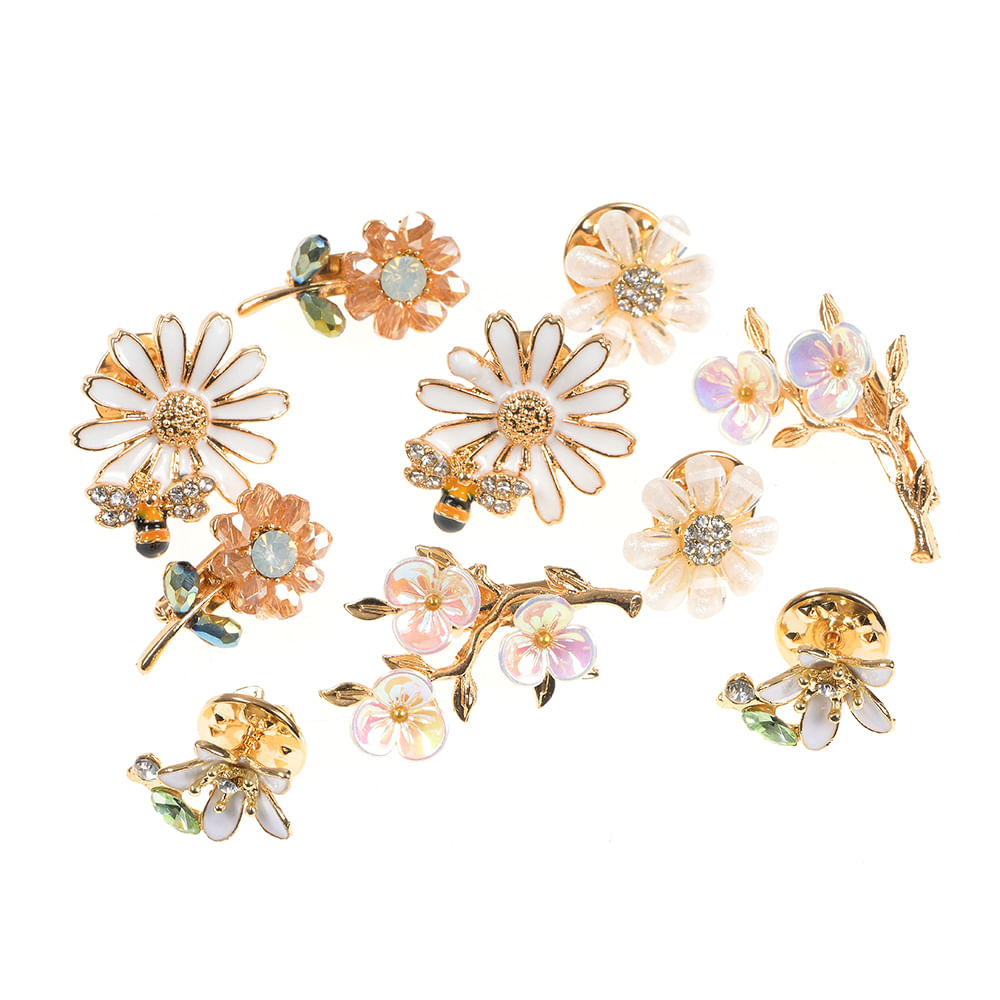 Set 10 brose martisor flori aurii cu petale multicolore