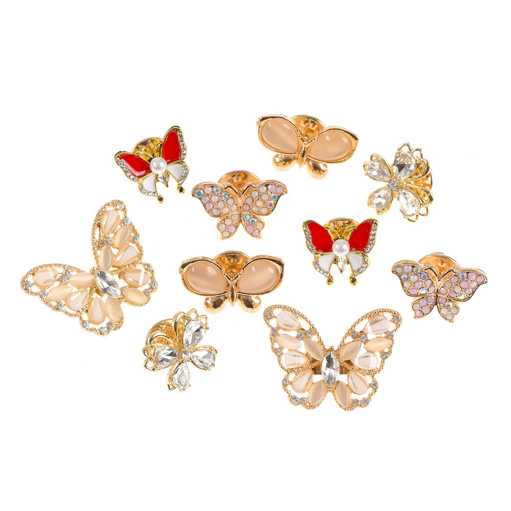 Set 10 brose martisor cu fluturi aurii cu pietre colorate