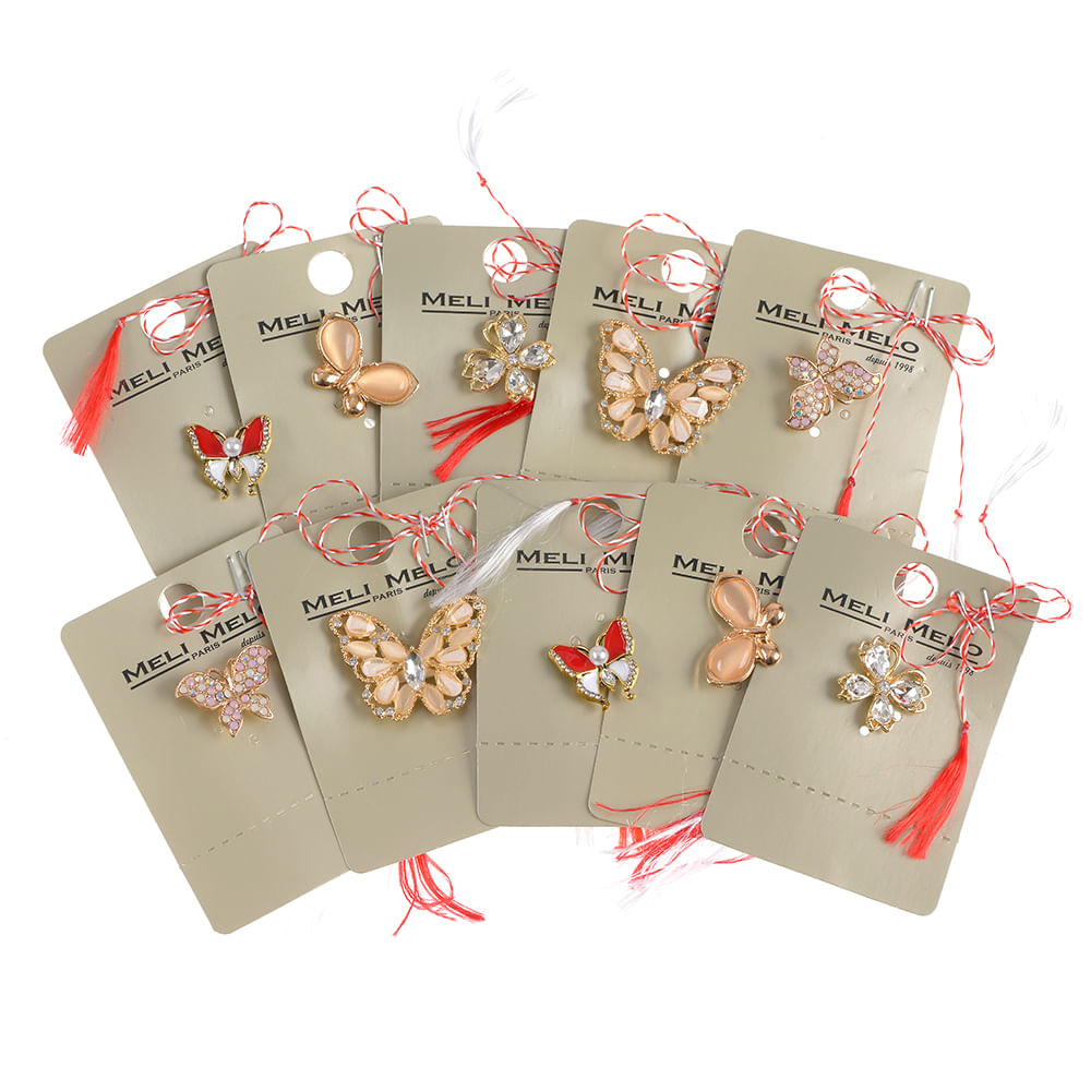 Set 10 brose martisor cu fluturi aurii cu pietre colorate - 1 | YEO