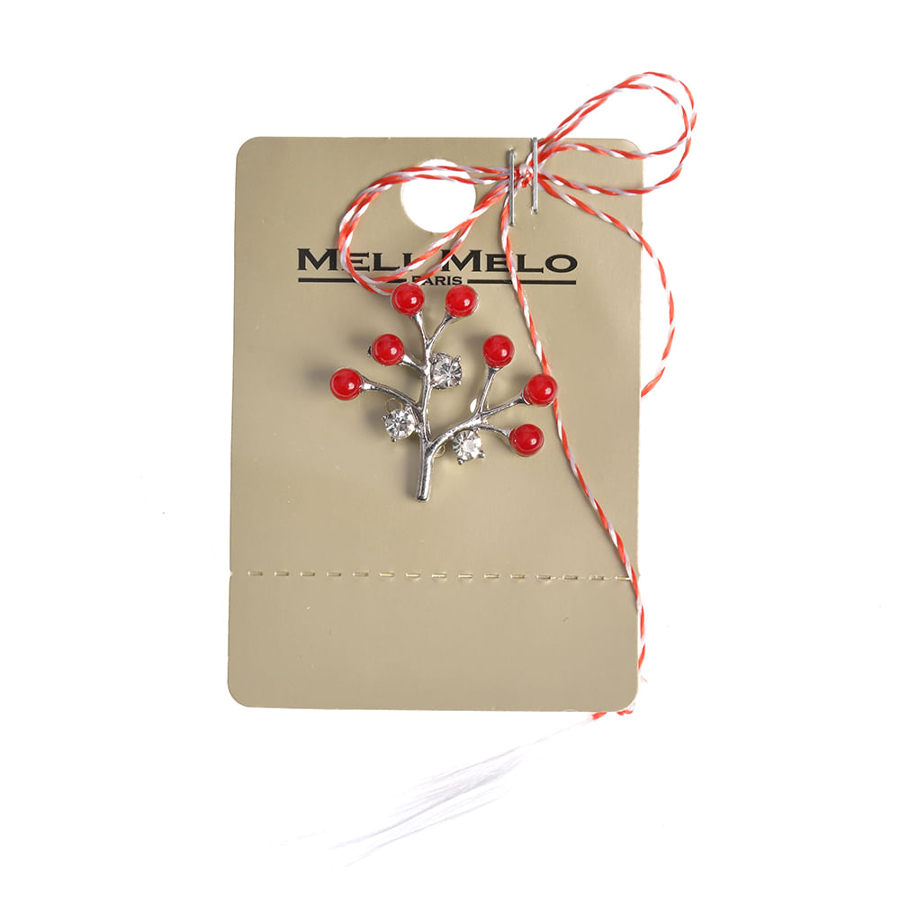 Brosa martisor copac argintiu cu perle rosii - 1 | YEO