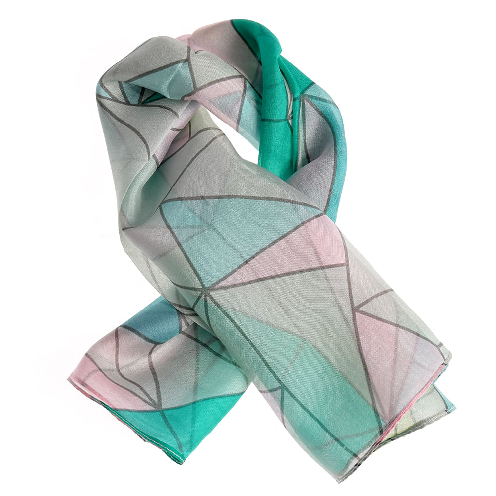 Esarfa verde de matase cu imprimeu geometric 50 x 50 cm