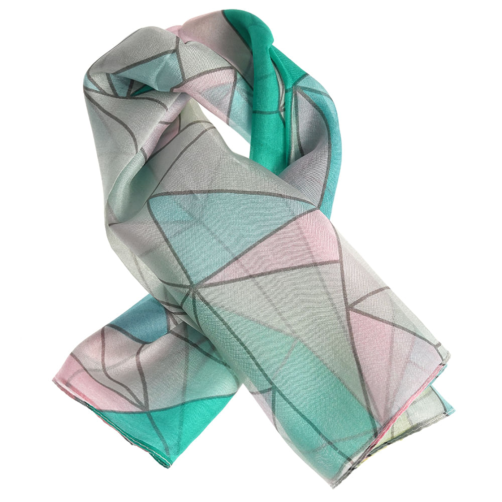 Esarfa verde de matase cu imprimeu geometric 50 x 50 cm - 3 | YEO