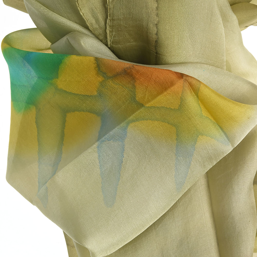 Esarfa matase verde cu imprimeu multicolor 50 x 180 cm - 1 | YEO