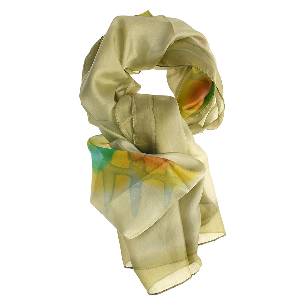 Esarfa matase verde cu imprimeu multicolor 50 x 180 cm - 4 | YEO