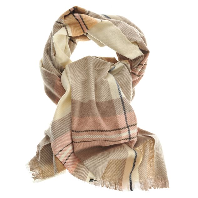 Esarfa groasa bej cu carouri roz si accente pastel