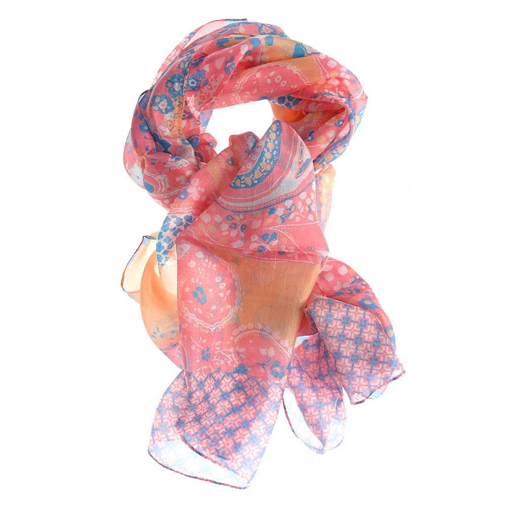 Esarfa matase multicolora cu flori albastre 50 x 180 cm