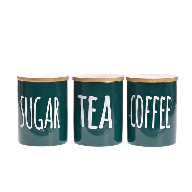 Set 3 recipiente verzi pentru zahar, ceai si cafea cu capac bambus
