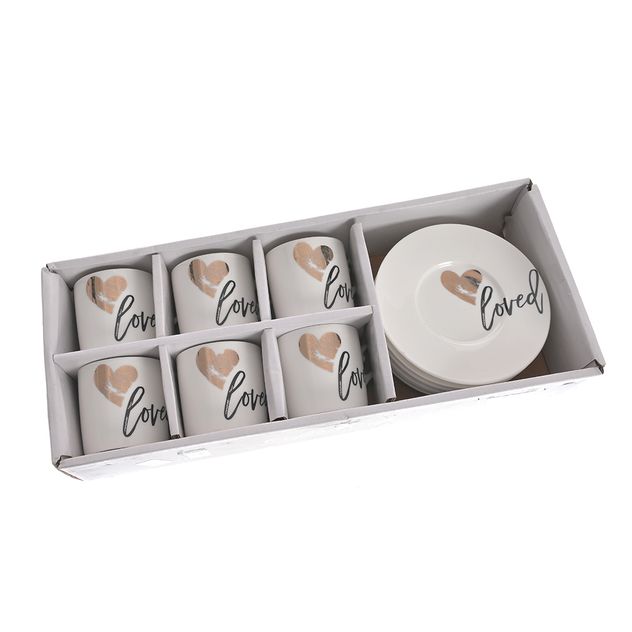 Set 6 cesti cu farfurioare din ceramica cu mesaj "Loved"