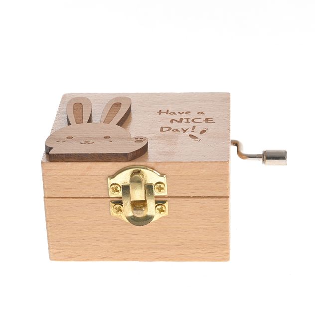 Cutie muzicala din lemn cu iepuras decorativ si mesaj gravat 6.5 cm