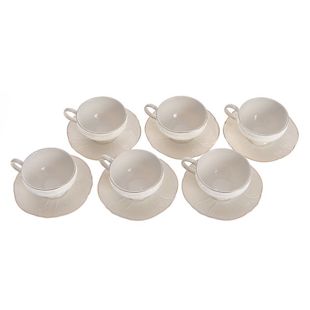 Set 6 cesti 220 ml cu farfurioare din portelan alb ivory cu margine aurie