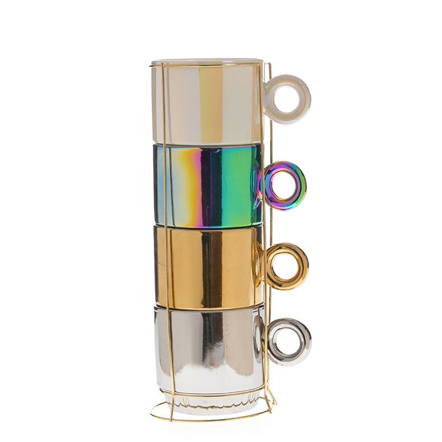 Set 4 cesti 250 ml lucioase in suport metalic – design multicolor